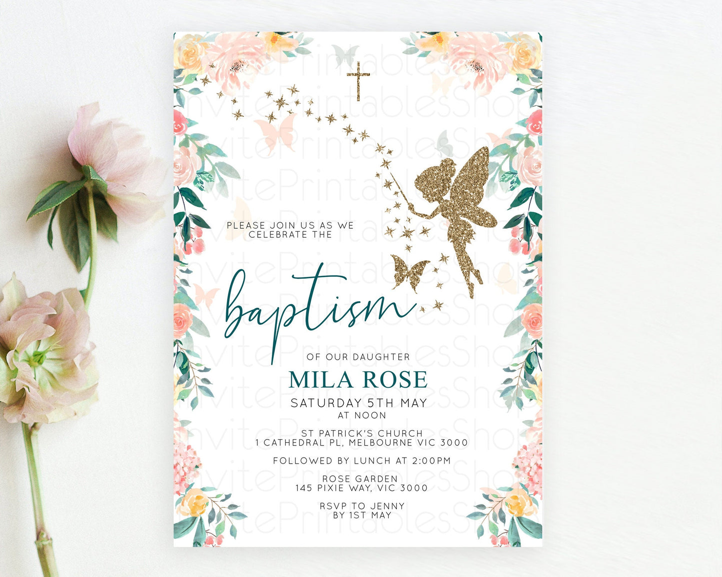 Fairy Baptism Invitation Fairy Baptism 1st Birthday Invitation Enchanted Secret Garden Christening Invite Pastel Floral Butterfly D10239