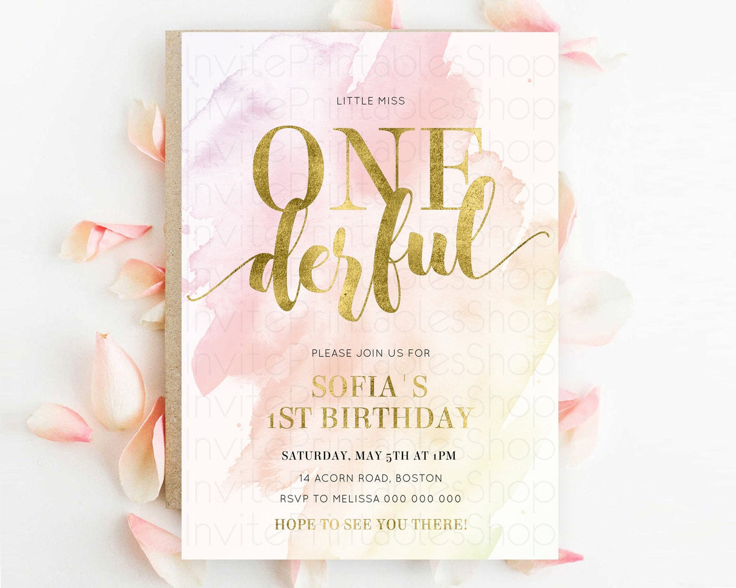 ONEderful Rainbow Birthday Invitation Colorful Pastel Watercolor Invitation Gold Glitter Sprinkles Ombre Pastel 1st Birthday D11025