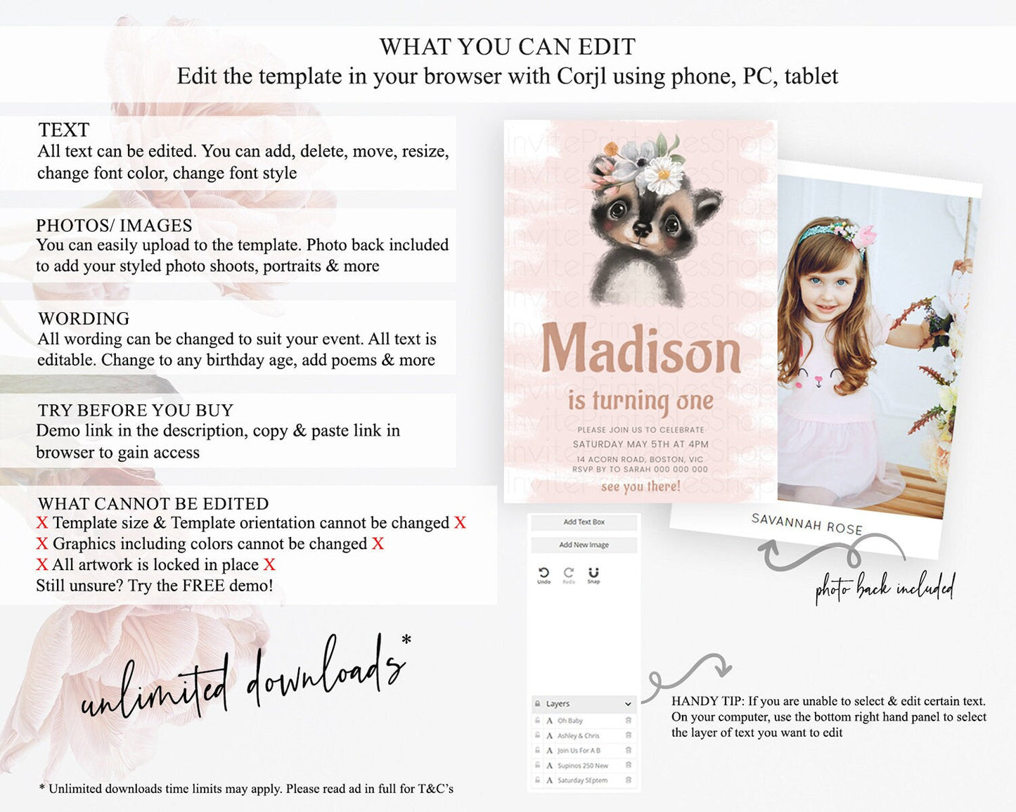 Raccoon Birthday Invitation, Enchanted Forest Adventure, Pink Woodland Theme, Baby Raccoon, 1st Birthday D10653