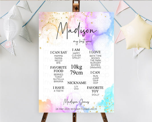 Pastel First Birthday Milestone Board Pastel Rainbow Milestone Poster Colorful Confetti Watercolor Glitter 1st Birthday Welcome Sign D10180