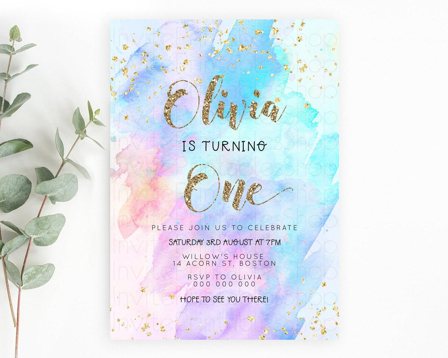 Rainbow Birthday Invitation Colorful Pastel Watercolor Invitation Gold Glitter Sprinkles Ombre Pastel 1st 2nd 3rd Birthday D23293