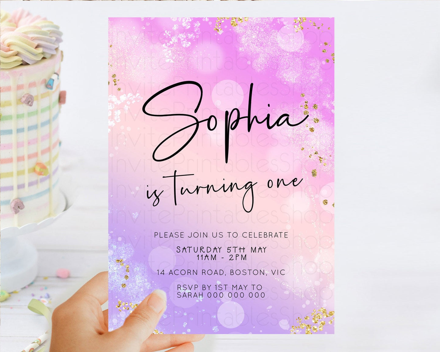 Pastel Birthday Invitation Ombre Watercolor Birthday Invitation Glitter Rainbow Color Splash 1st 2nd 3rd Birthday Invitation D23110