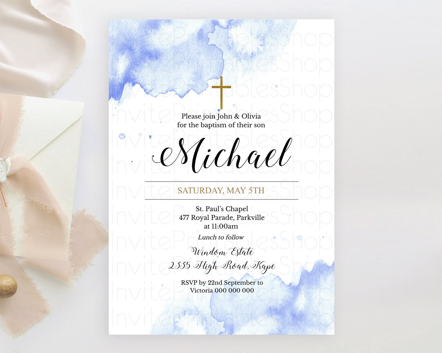 Blue Baptism Invitation Blue Watercolor Baptism 1st Birthday Invitation Pastel Blue Watercolor Christening Invite Blue Splash D10313