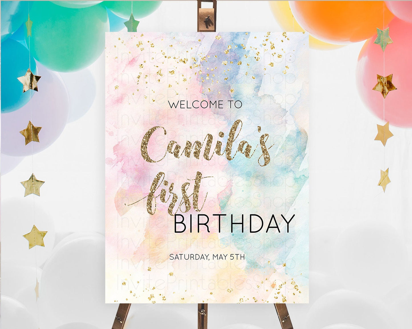 Pastel Welcome Sign Pastel Rainbow Welcome Sign Colorful Rainbow Confetti Watercolor Glitter Pastel First Birthday Welcome Sign D10264