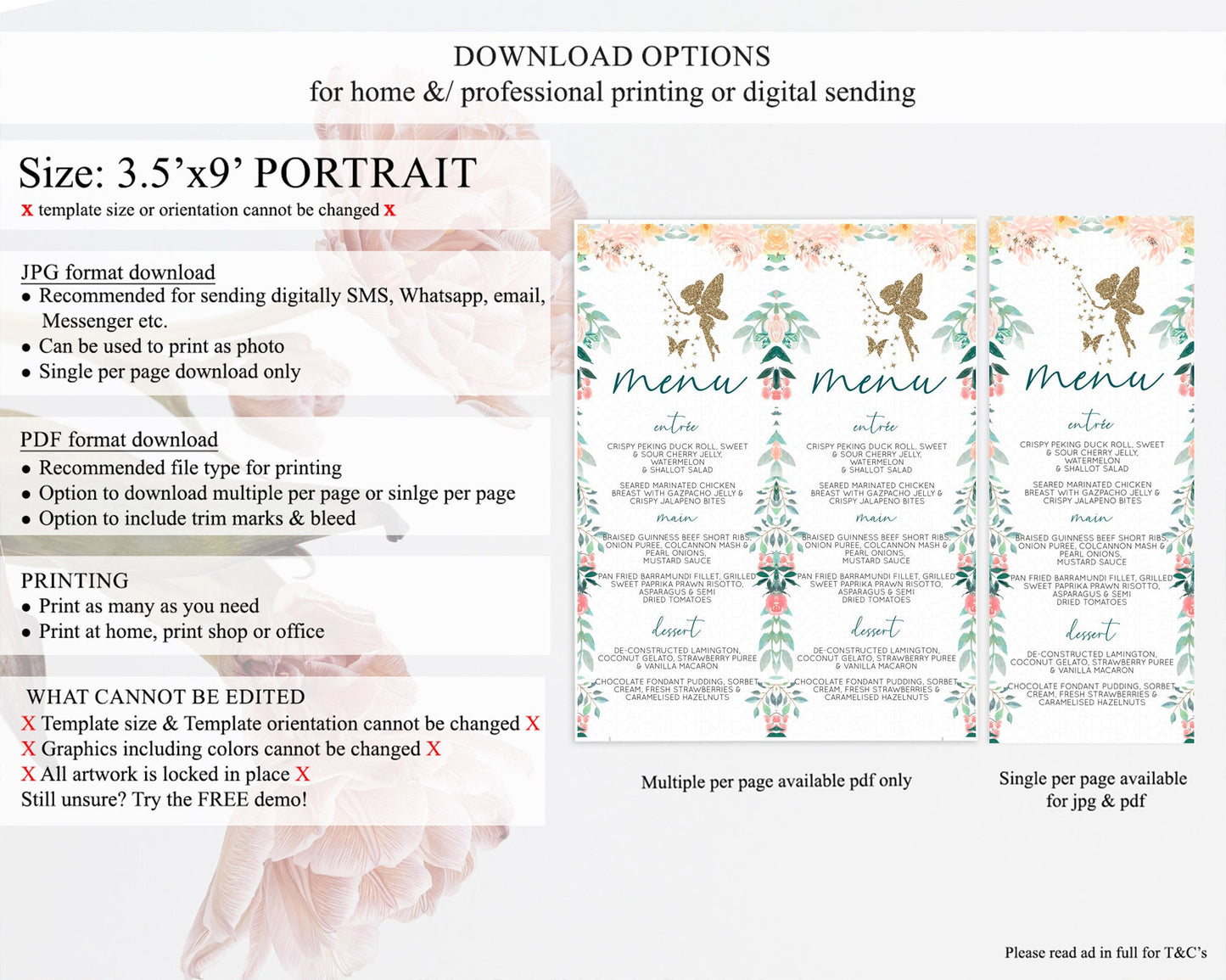 Fairy Menu Fairy Menu Template Enchanted Garden Pastel Floral Butterfly Table Décor Fairy Secret Garden Dinner Dessert Food Menu D10239