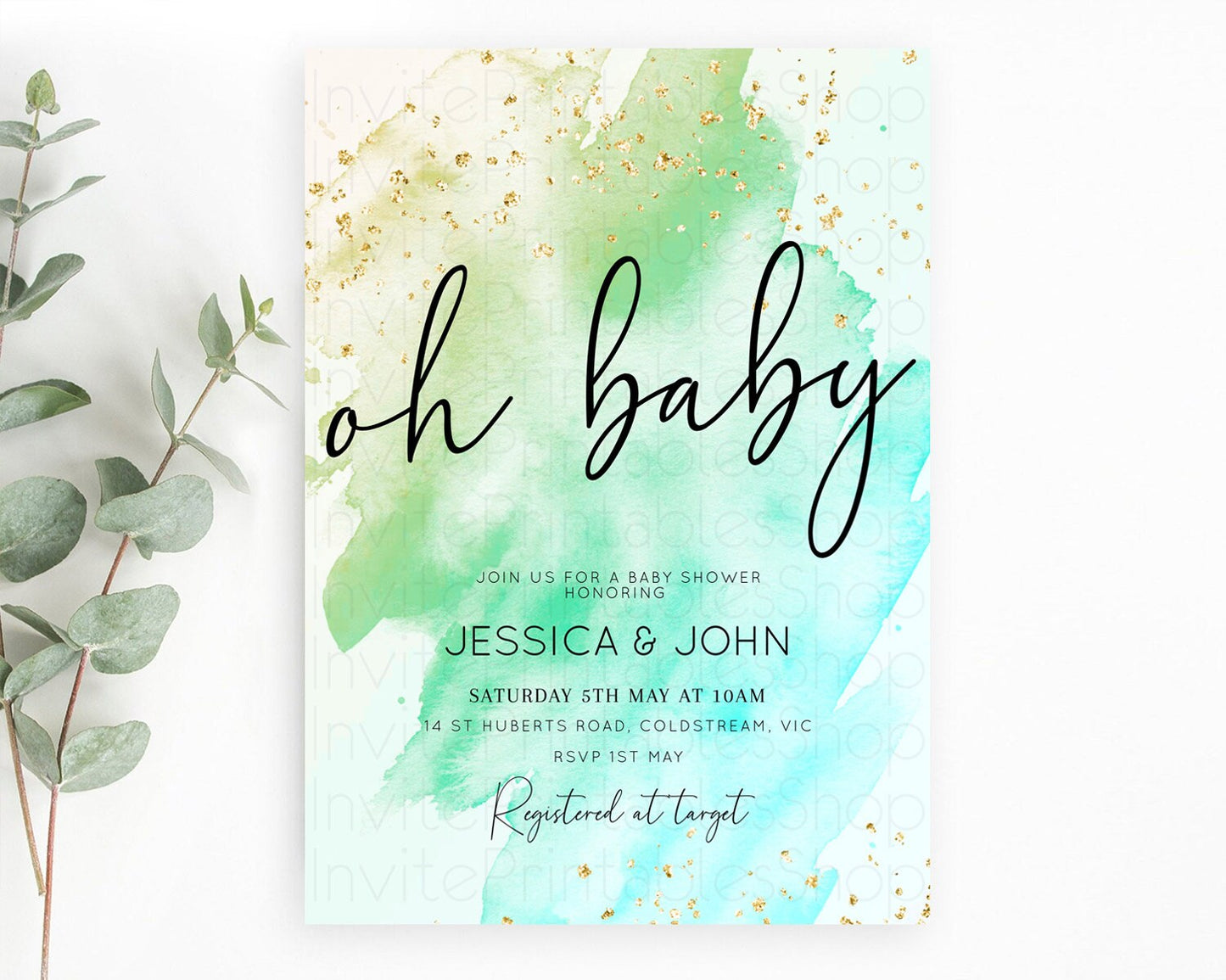 Green Watercolor Baby Shower Invitation: Pastel Green Ombre with Gold Sprinkle Accents, Watercolor Splash - 'Oh Baby' Theme D10170