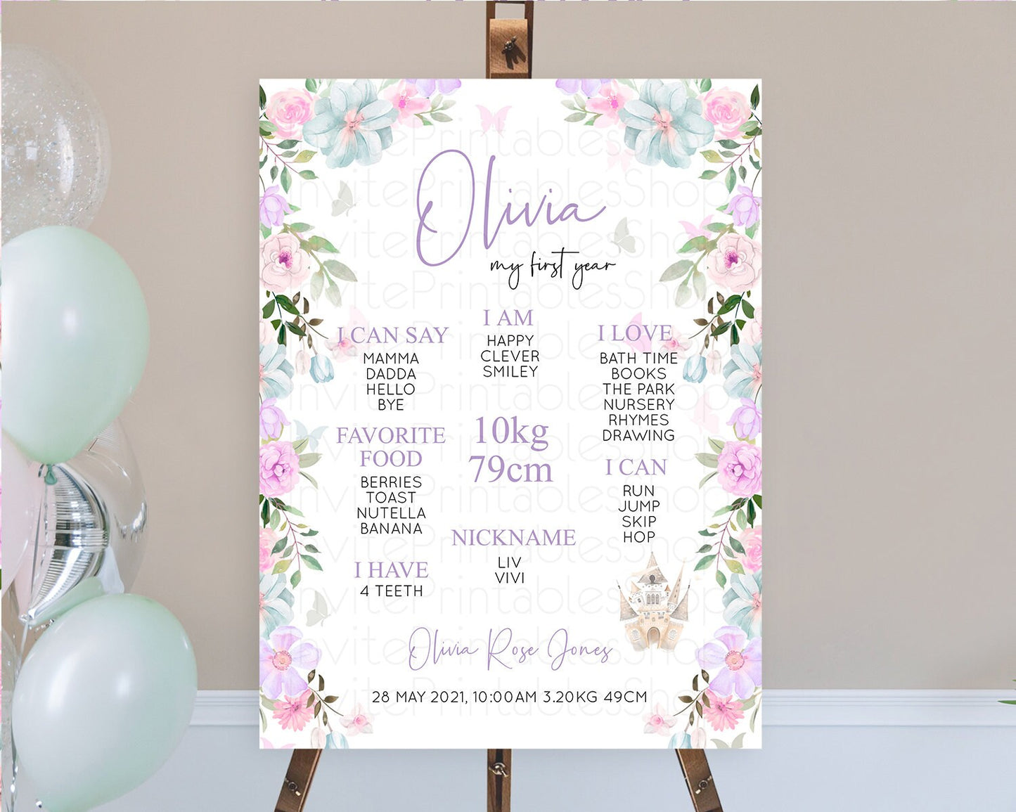 Princess First Birthday Milestone Poster Castle Milestone Board Secret Garden Enchanted Castle Pastel Floral Garden First Birthday D10471