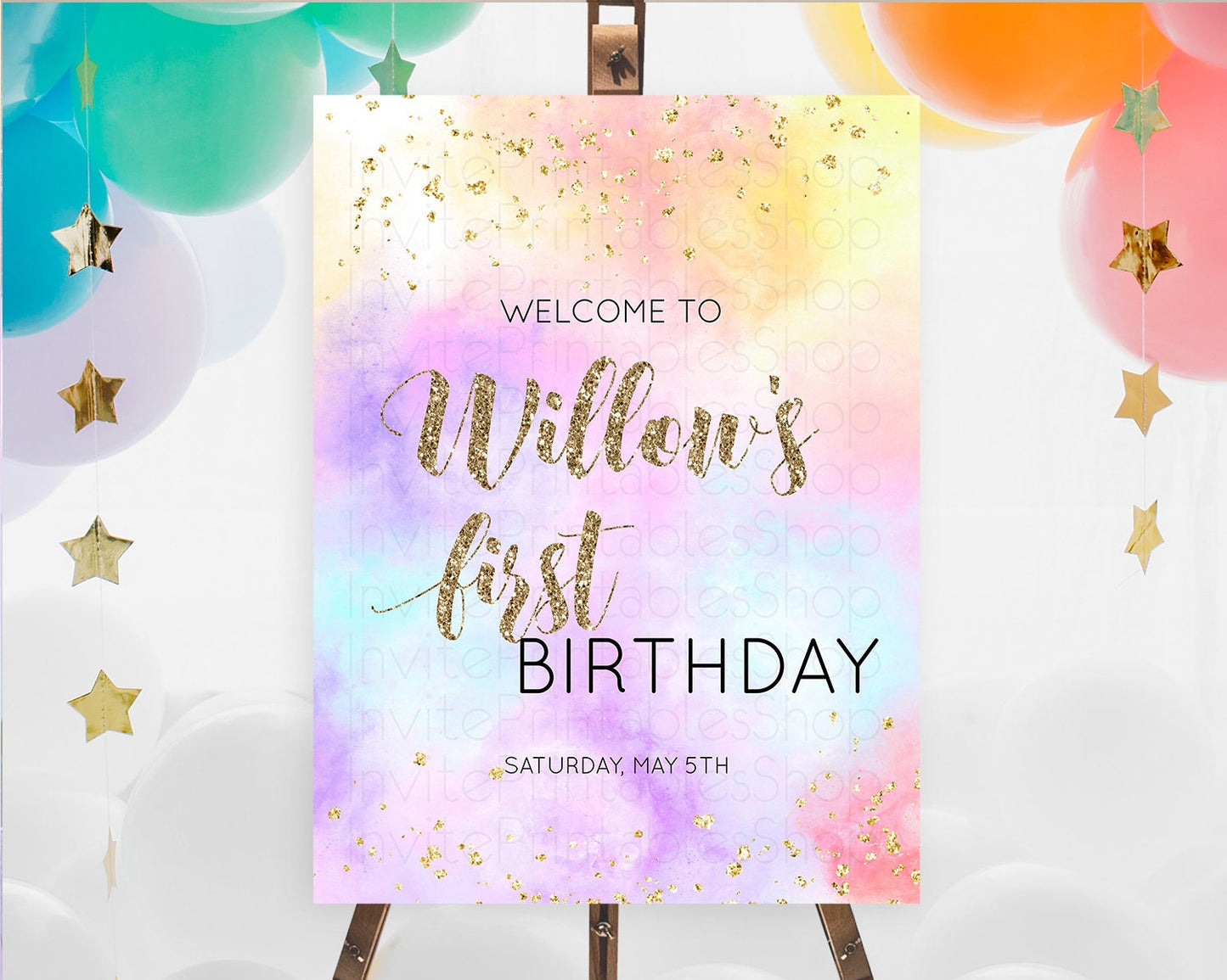 Pastel Welcome Sign Pastel Rainbow Welcome Sign Colorful Rainbow Confetti Watercolor Glitter Pastel First Birthday Welcome Sign D10435