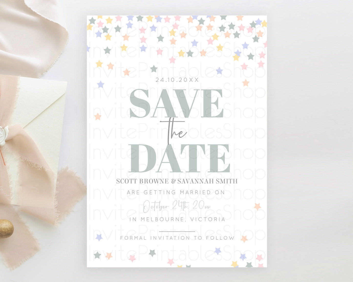 Twinkle Stars Save The Date Template Pastel Twinkle Little Star Party Shooting Star Confetti Sprinkles Birthday Baptism Baby Shower D10795