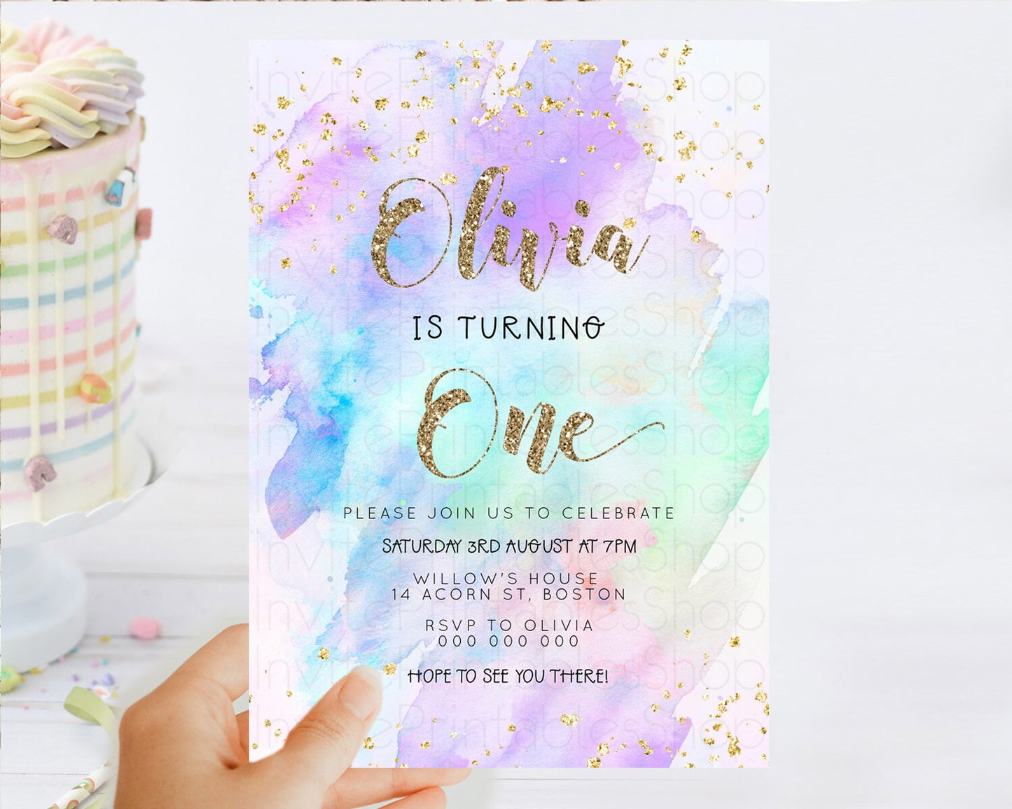 Rainbow Birthday Invitation Colorful Pastel Watercolor Invitation Gold Glitter Sprinkles Ombre Pastel 1st 2nd 3rd Birthday D23291