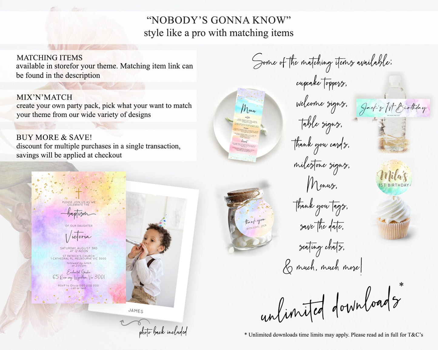 Pastel Baptism Invitation Pastel Colors Watercolor Baptism 1st Birthday Party Gold Ombre Pastel Rainbow Christening Holy Communion D10437