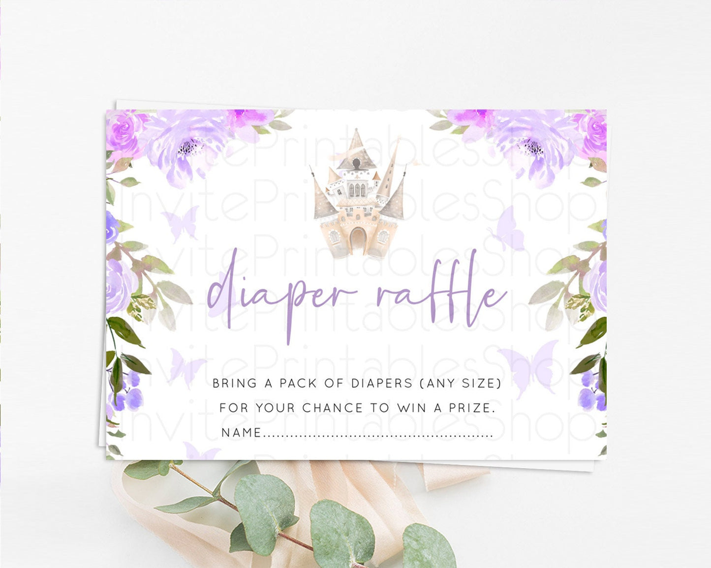 Princess Diaper Raffle Card Castle Diaper Ticket Insert Secret Garden Enchanted Castle Pastel Floral Garden Baby Shower Poem Request D10339