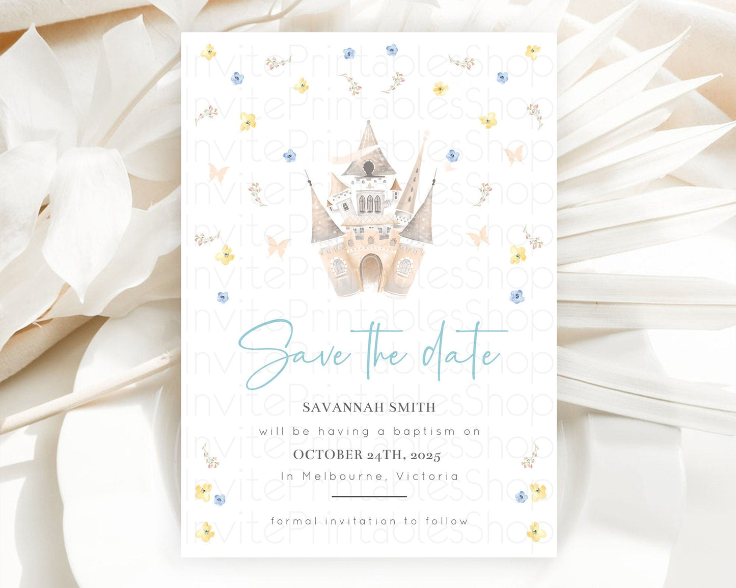 Princess Save The Date Template Secret Garden Enchanted Castle Pastel Floral Royal Party For 1st Birthday Baptism Baby Shower D10365