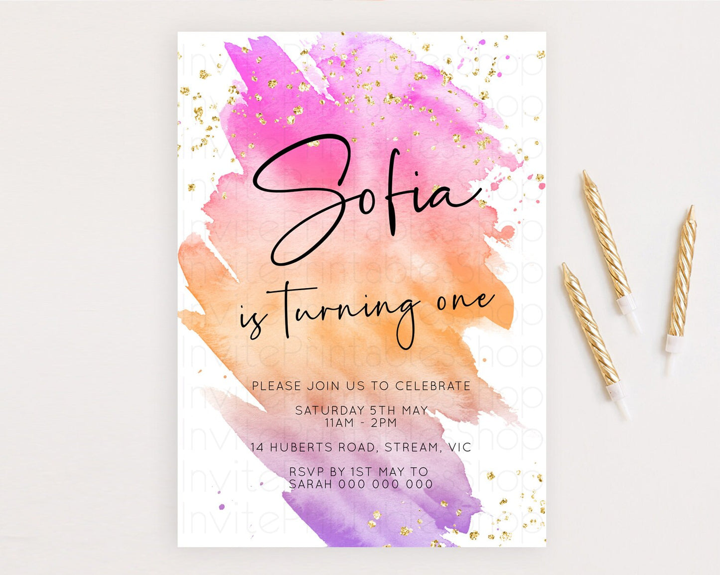 Rainbow Birthday Invitation Colorful Pastel Watercolor Invitation Gold Glitter Sprinkles Ombre Pastel 1st 2nd 3rd Birthday D10488