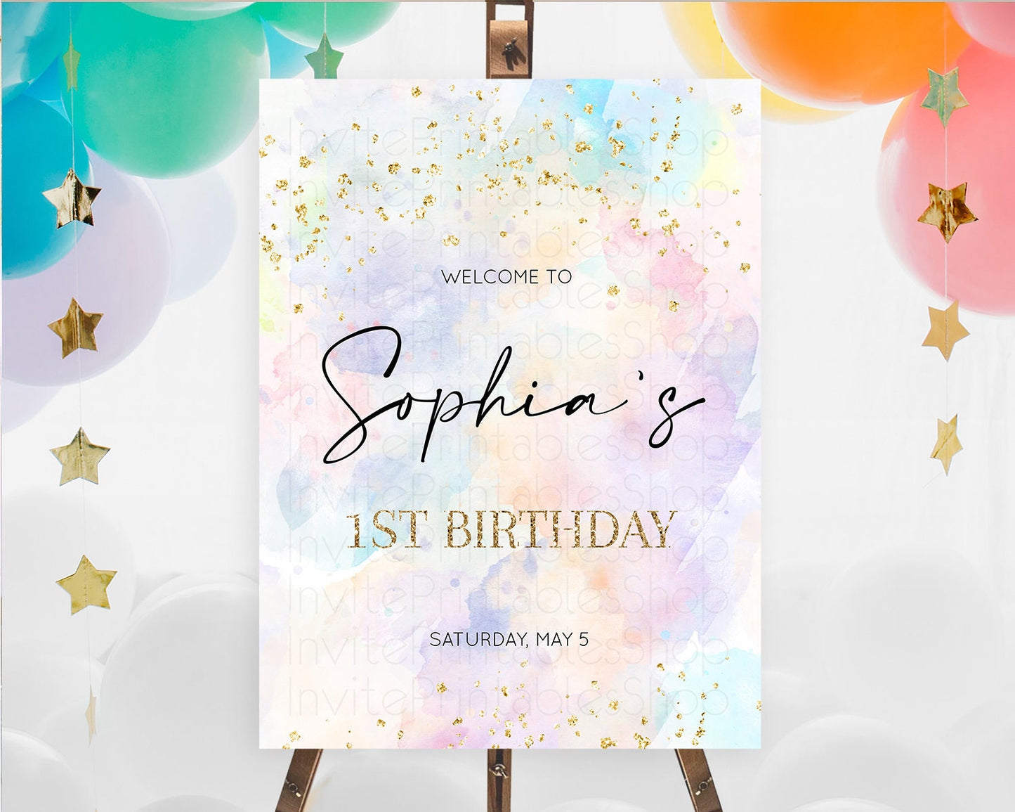 Pastel Welcome Sign Pastel Rainbow Welcome Sign Colorful Rainbow Confetti Watercolor Glitter Pastel First Birthday Welcome Sign D10605