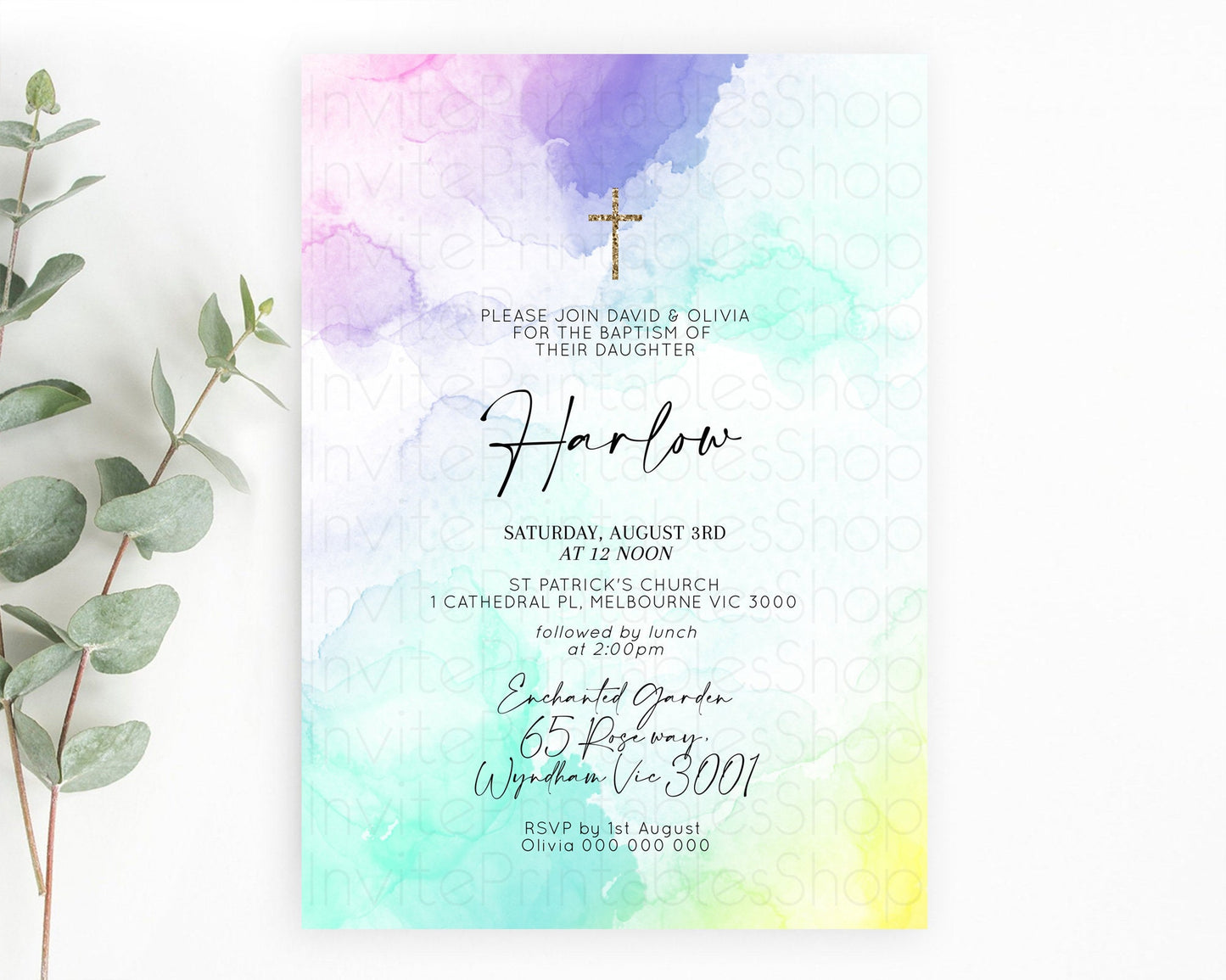 Pastel Baptism Invitation Pastel Colors Watercolor Baptism 1st Birthday Party Gold Ombre Pastel Rainbow Christening Holy Communion D10157