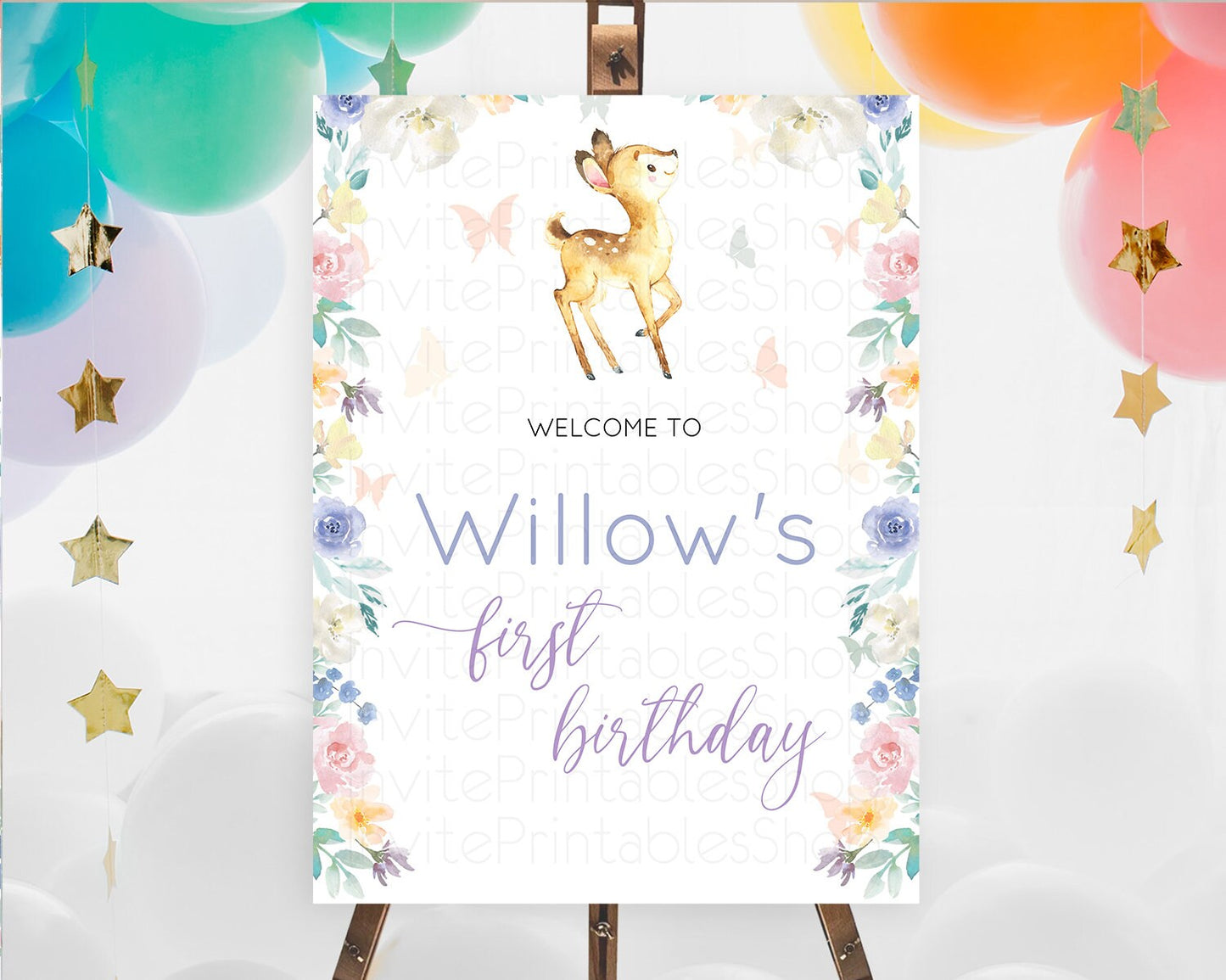 Fawn Welcome Sign Deer Welcome Board Floral Deer Welcome Poster Enchanted Forest Butterfly Pastel Floral First Birthday Welcome Sign D11001