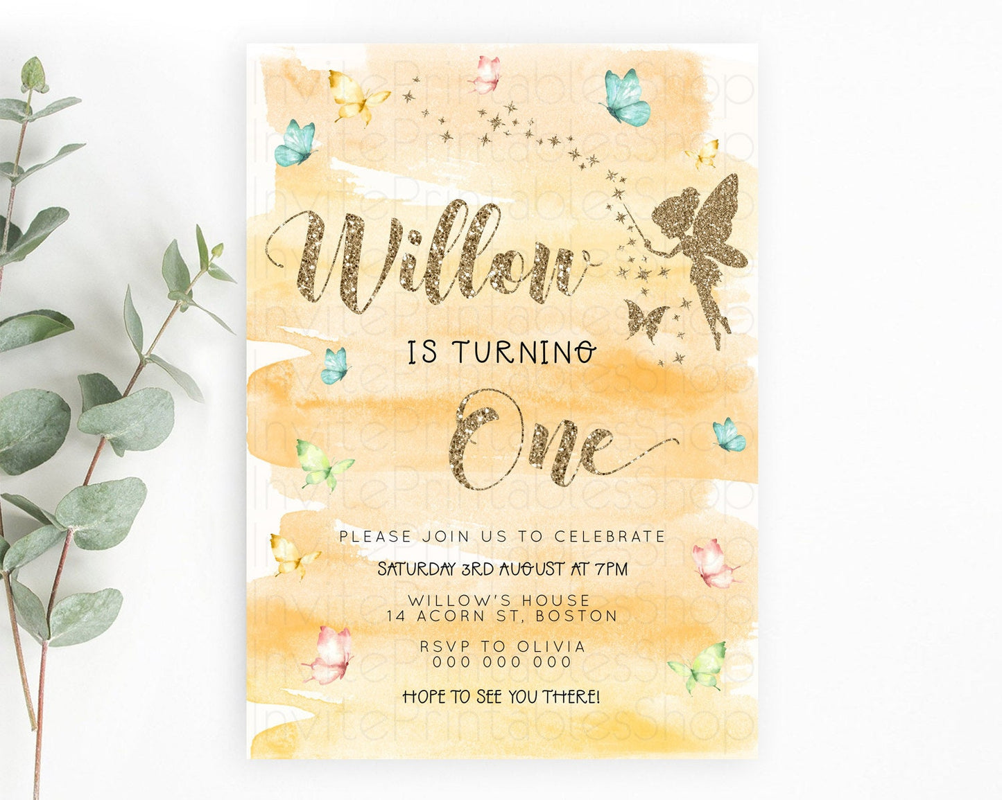 Pastel Fairy Birthday Invitation Pastel Butterflies Fairy Birthday Invitation Rainbow Ombre Watercolor 1st 2nd Birthday Invitation D23325