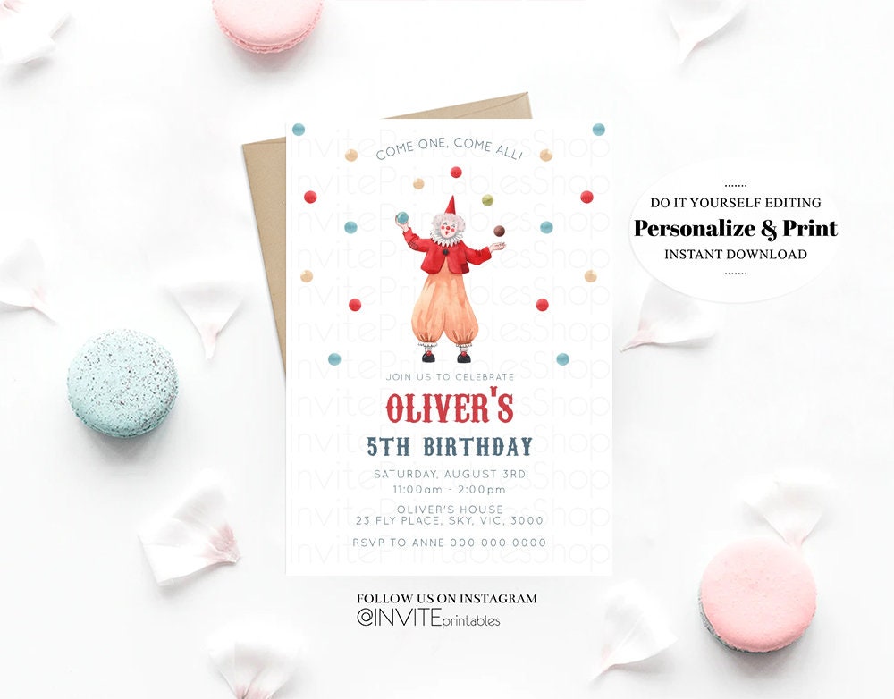 Circus Birthday Invitation Circus Clown Invite Come One Come All Circus Tent Jester Tricks Juggling Balls Ringmaster Colorful Red Blue