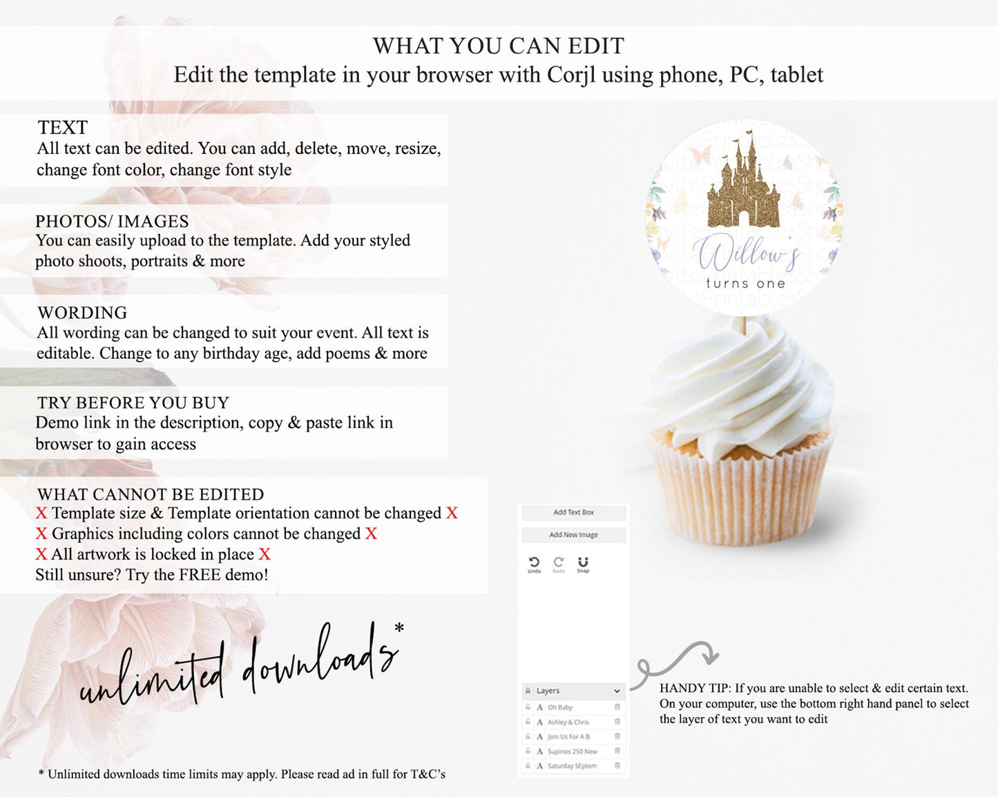 Princess Cupcake Toppers Castle Cupcake Toppers Royal Princess Decor Fairy Tale Enchanted Castle Pastel Floral Garden Table Number D10931