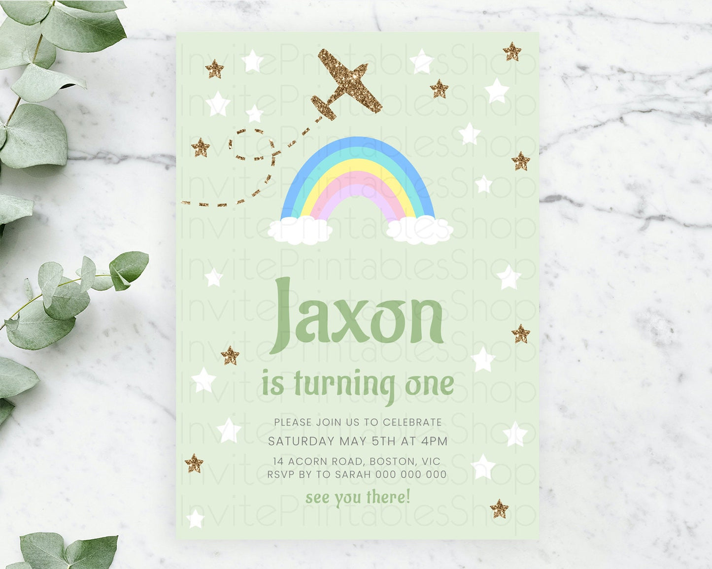 Plane Birthday Invitation Plane Invite Pastel Rainbow Clouds Stars Party Adventure Awaits Up Up Away Glitter 2nd 1st First Birthday D10293