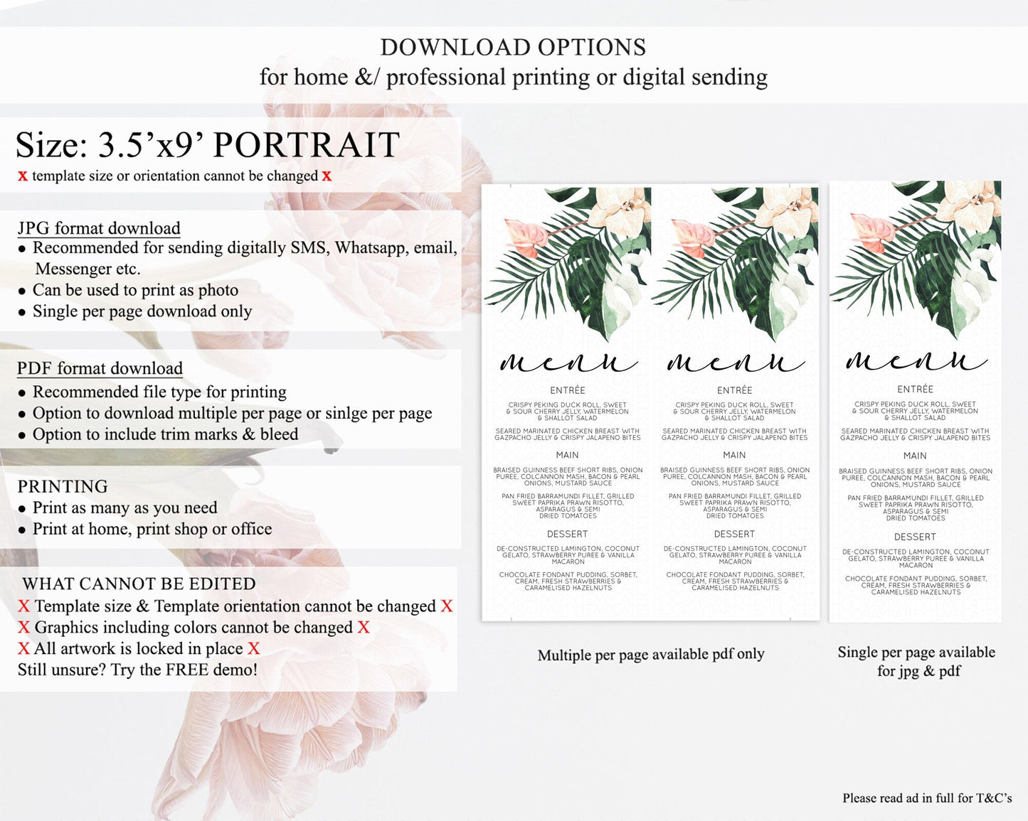 Tropical Menu Template Tropical Menu Palm Leaf Fern Table Decor Frangipani Floral White Orchid Dinner Dessert Menu Party Food Menu D11016