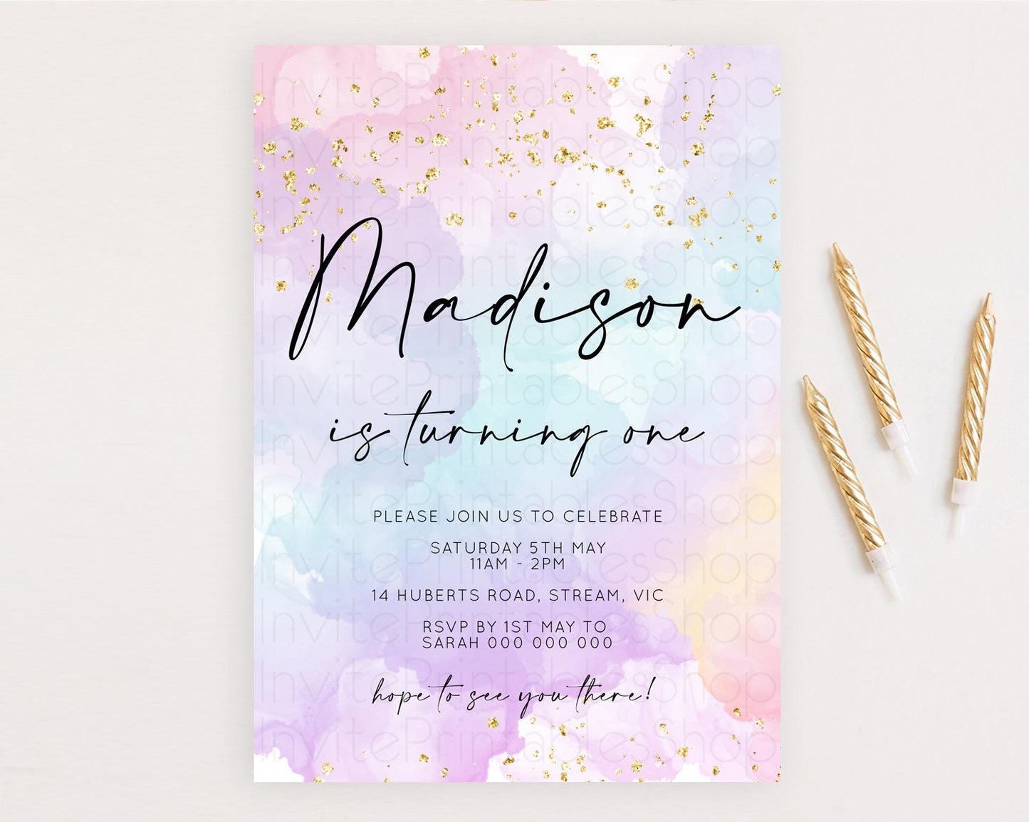 Rainbow Birthday Invitation Colorful Pastel Watercolor Invitation Gold Glitter Sprinkles Ombre Pastel 1st 2nd 3rd Birthday D10623
