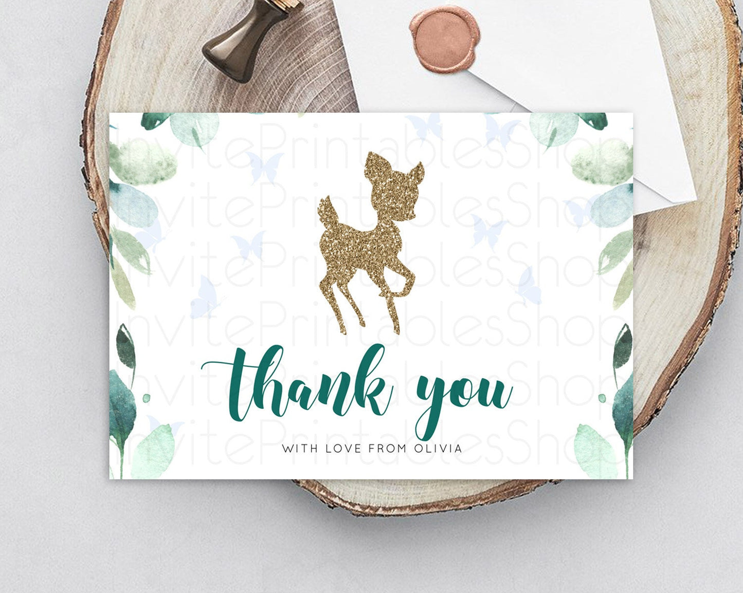 Fawn Thank You Deer Thank You Card Pastel Floral Deer Birthday Thank You Card Enchanted Forest Butterfly Deer Teacher Thank You Card D10882