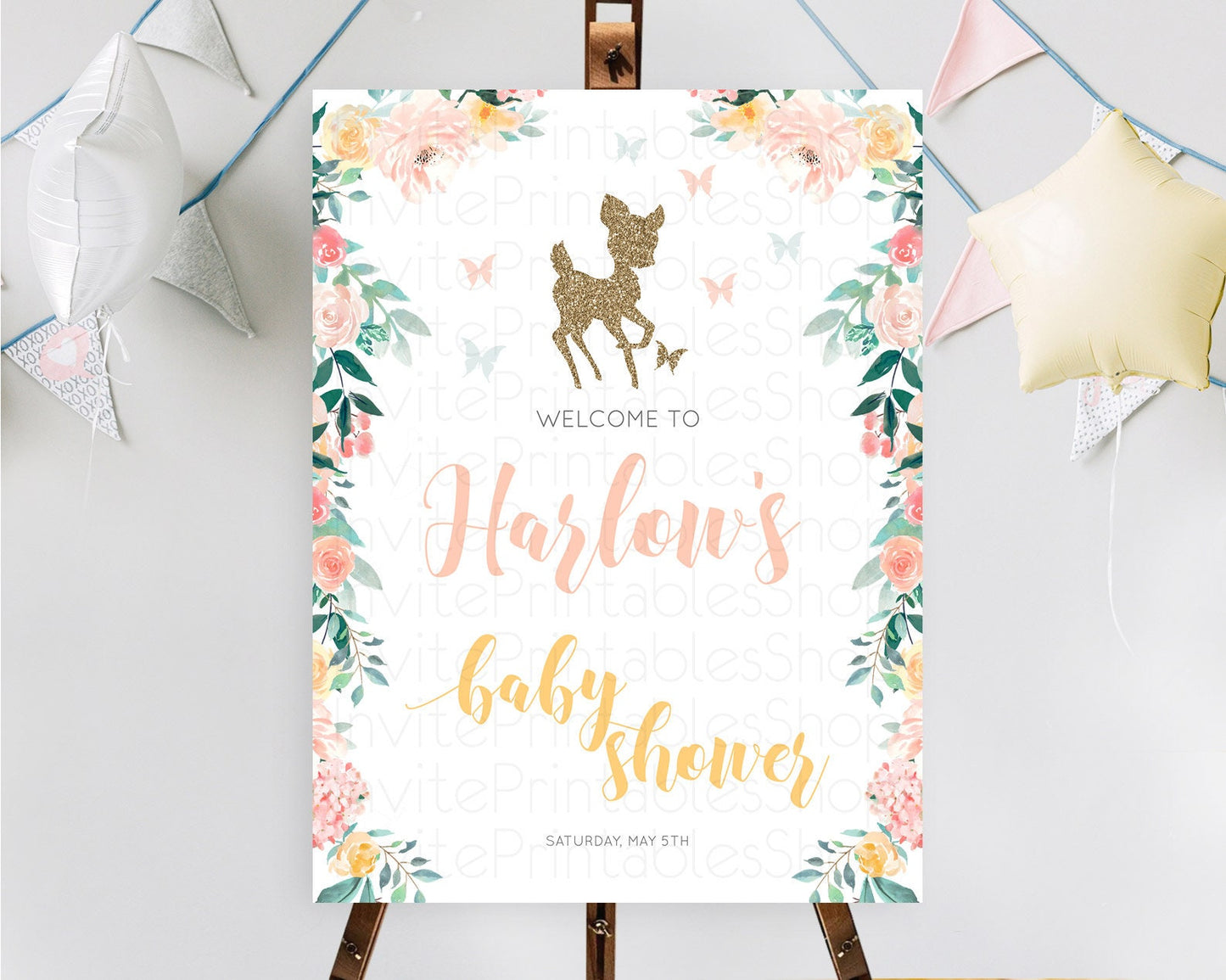 Fawn Baby Shower Welcome Sign Deer Welcome Board Floral Deer Welcome Poster Enchanted Forest Butterfly Pastel Floral Welcome Sign D10874