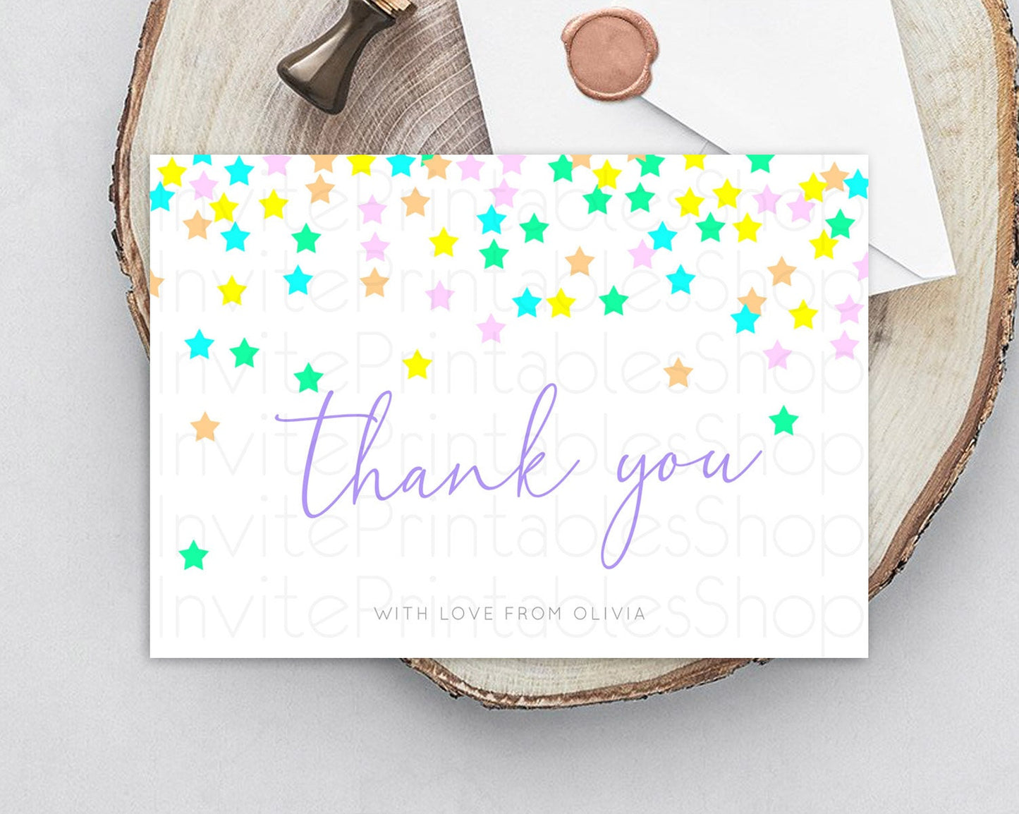 Star Thank You Card Pastel Stars Thank You Shooting Star Rainbow Colorful Confetti Twinkle Little Star Birthday Teacher Thank You D10394