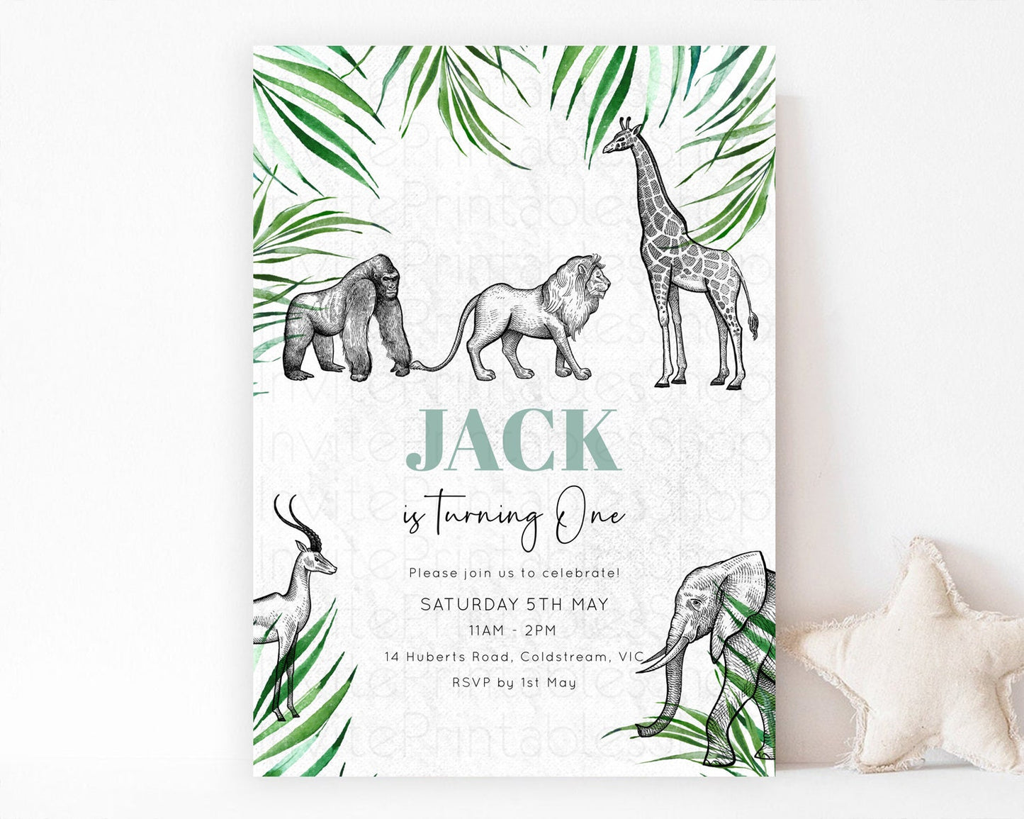 Safari Birthday Invitation Lion Gorilla Elephant Rhino Tropical Palm Jungle Safari Adventure Zoo Party Animal 2nd 1st First Birthday D10853