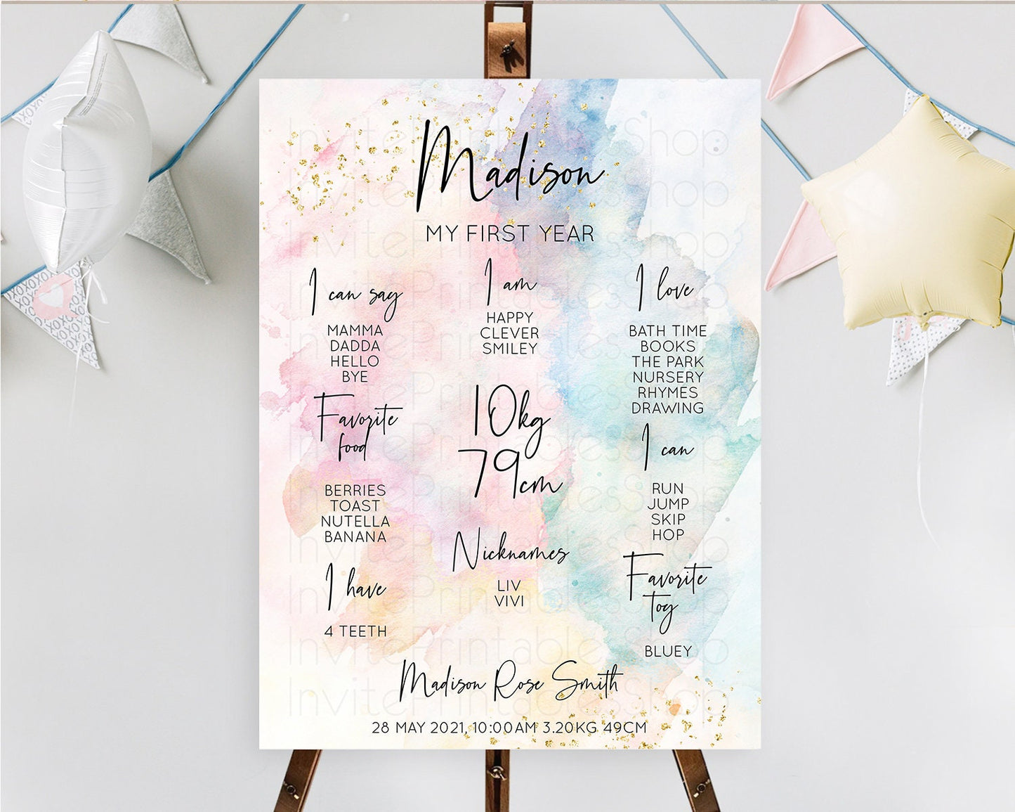 Pastel First Birthday Milestone Board Pastel Rainbow Milestone Poster Colorful Confetti Watercolor Glitter 1st Birthday Welcome Sign D10276