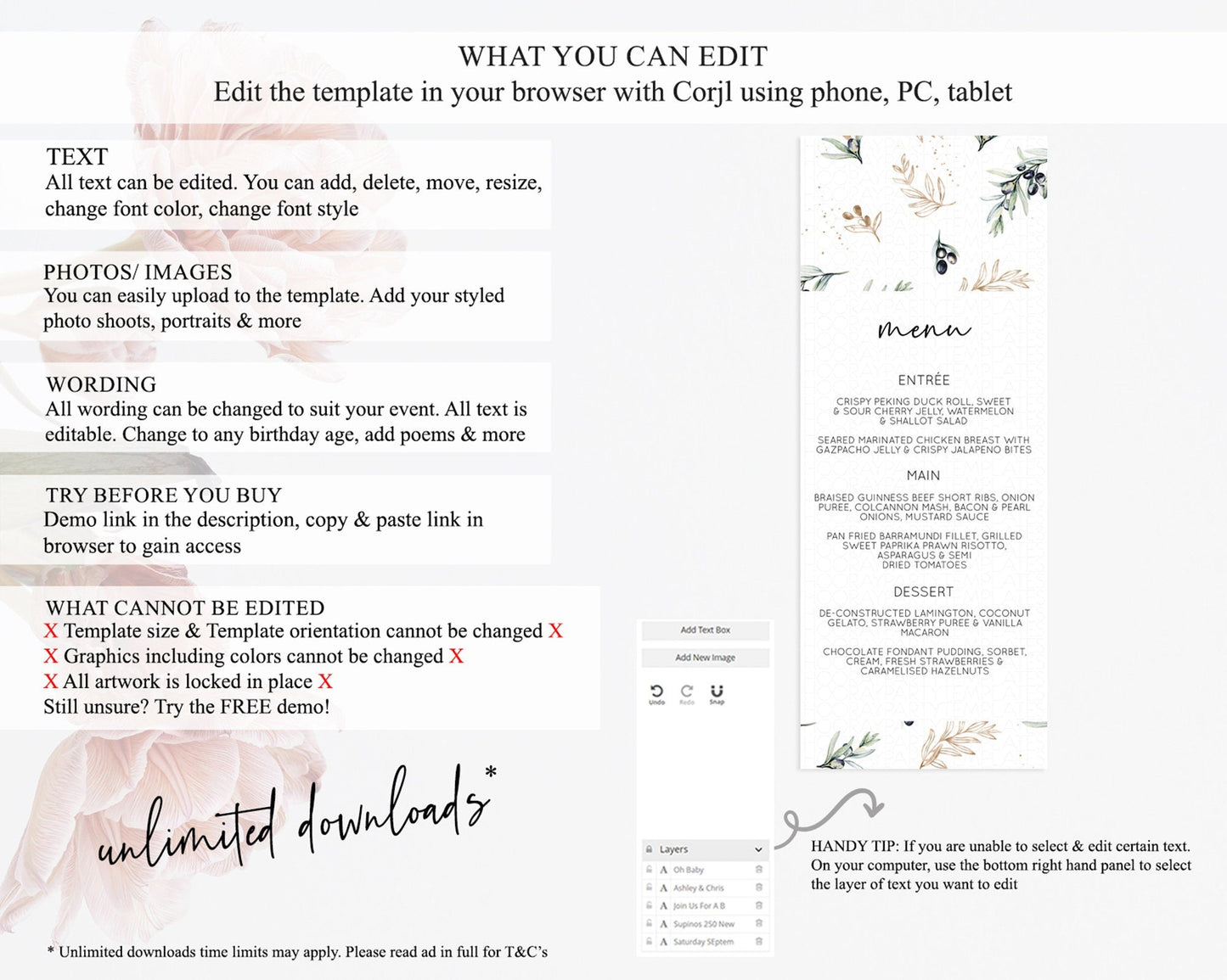 Leafy Menu Green Leaf Menu Template Eucalyptus Fern Leaves Decor Watercolor Boho Garden Leaf Branch Dinner Dessert Party Food Menu D11055