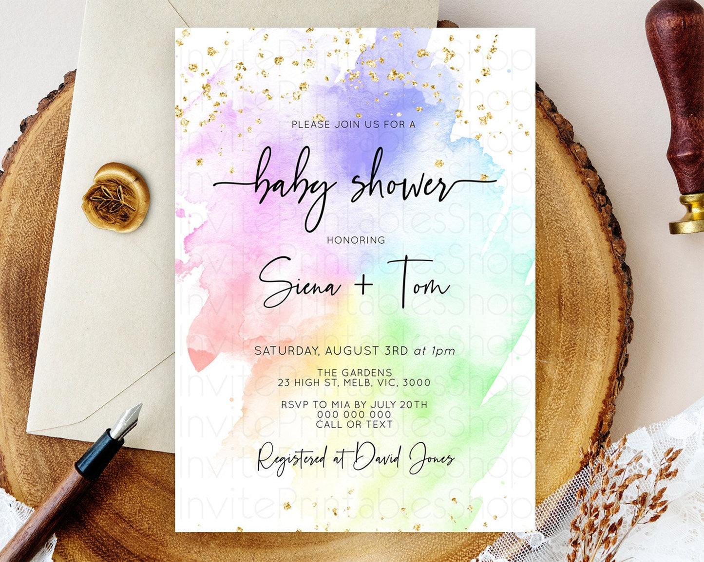Pastel Baby Shower Invitation Rainbow Baby Shower Invitation Colorful Pastel Watercolor Invitation Gold Glitter Sprinkles Ombre D10316