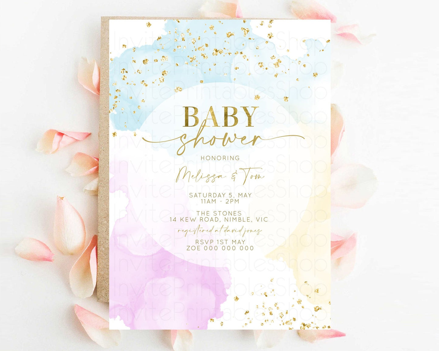 Rainbow Baby Shower Invitation Pastel Colors Invitation Watercolor Splash Baby Shower Gold Splatter Glitter Sprinkles Confetti Neutral 190V2