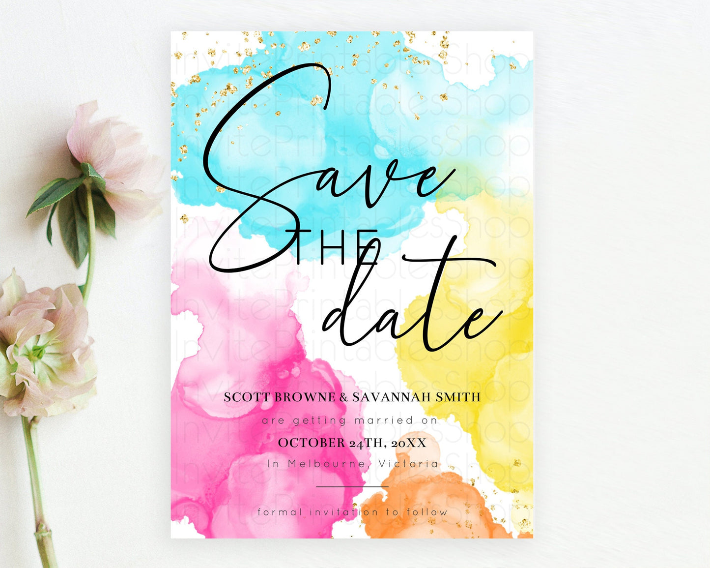 Pastel Save The Date Template Pastel Ombre Rainbow Watercolor Colorful Party For Birthday Baptism Baby Shower Wedding Bridal Shower D10898