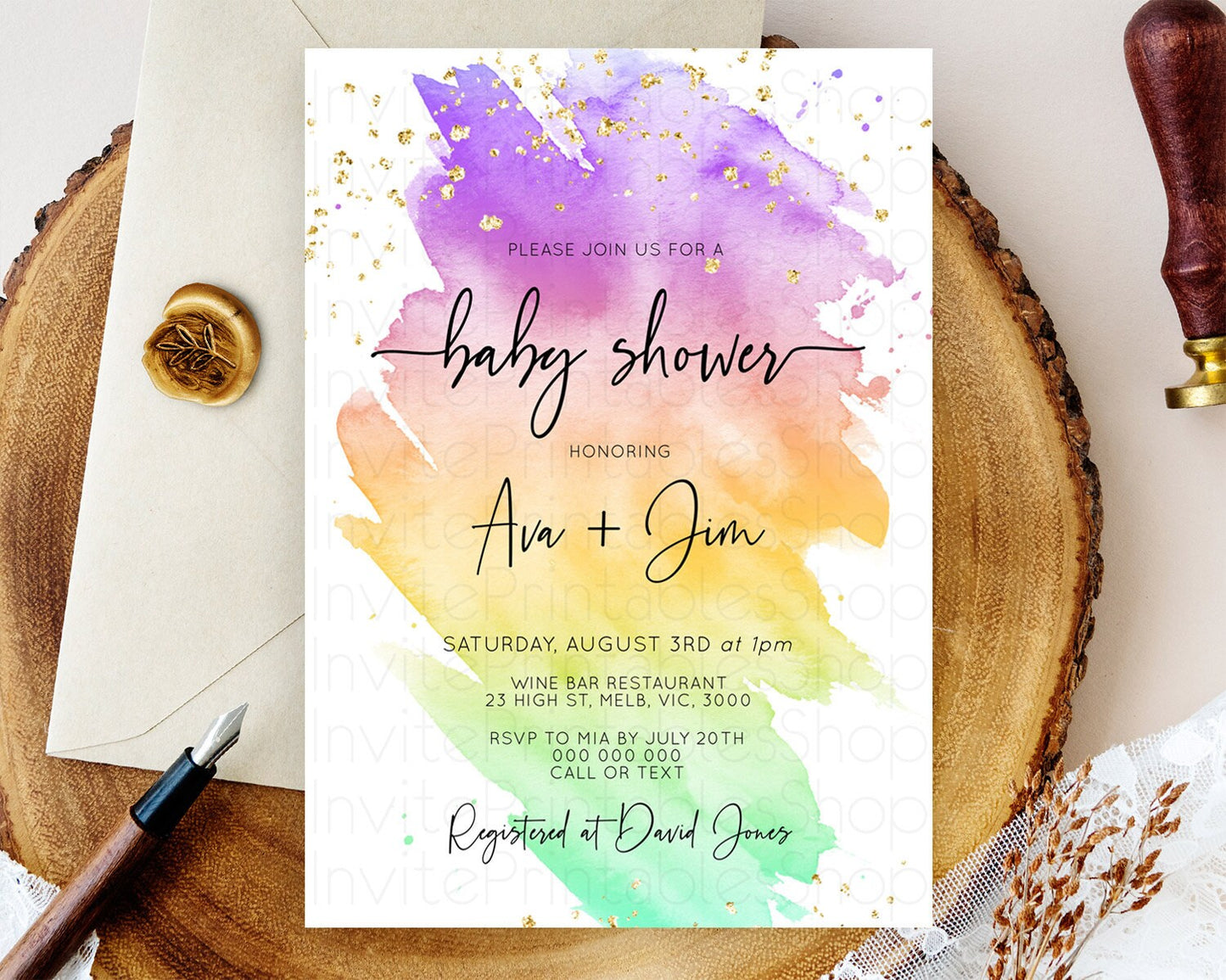 Pastel Baby Shower Invitation Rainbow Baby Shower Invitation Colorful Pastel Watercolor Invitation Gold Glitter Sprinkles Ombre D10518