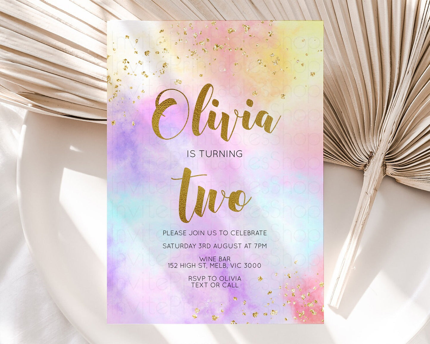 Rainbow Birthday Invitation Ombre Pastel Invitation Colorful Watercolor Splash Invite Gold Glitter Sprinkles Printable Digital Invite 499