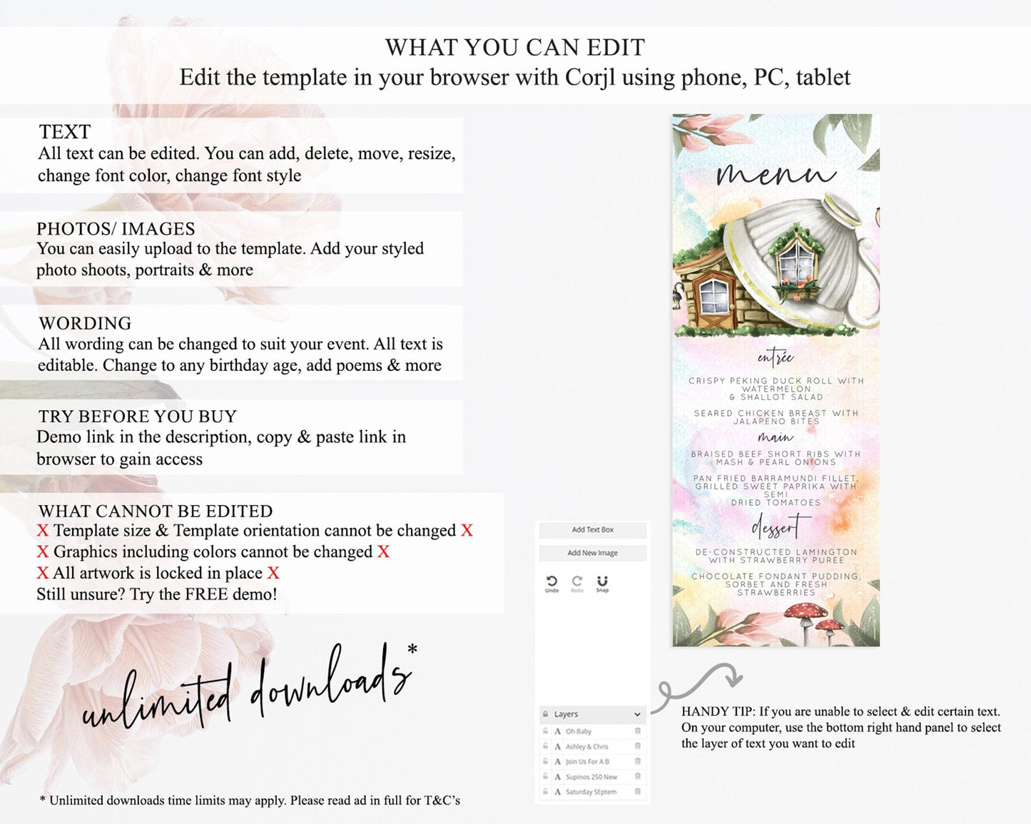 Fairy Menu Fairy Menu Template Enchanted Garden Pastel Floral Butterfly Table Decor Fairy Secret Garden Dinner Dessert Food Menu D10555