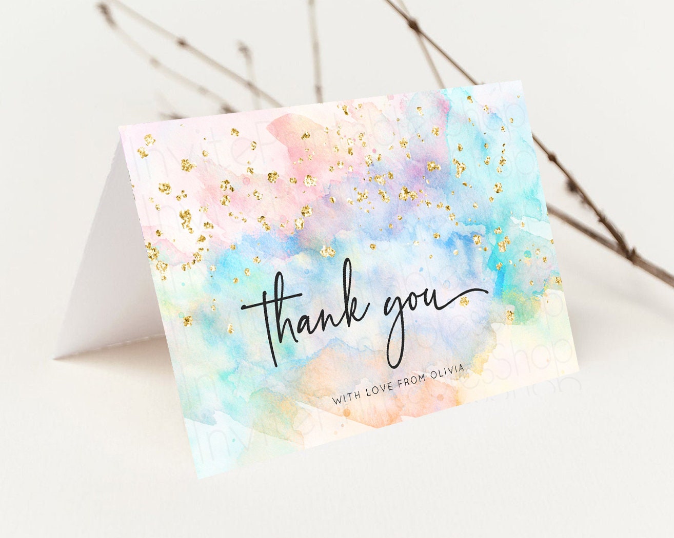 Pastel Rainbow Thank you Colorful Watercolor Folded Gift Cards Custom Note Message Glitter Birthday Engaged Baby Shower Wedding Guests 276v3