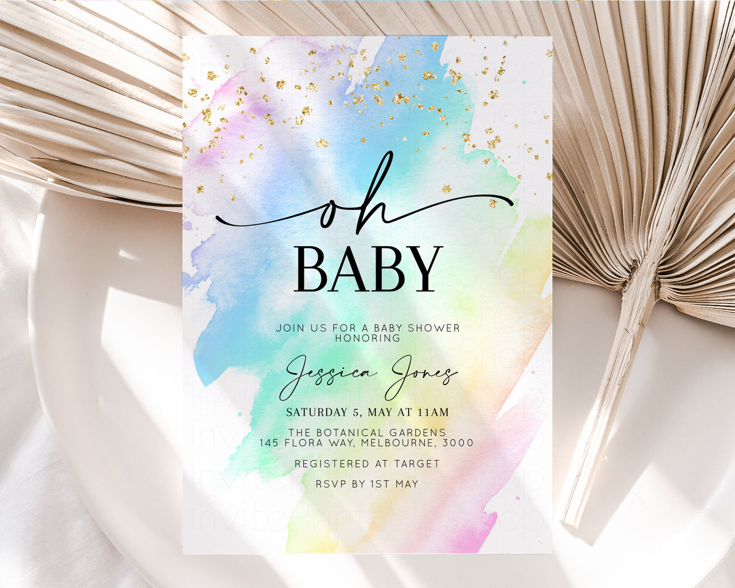 Rainbow Baby Shower Invitation Pastel Baby Shower Invitation Watercolor Ombre Invitation Rainbow Pastel Colors Invite Glitter Confetti t601