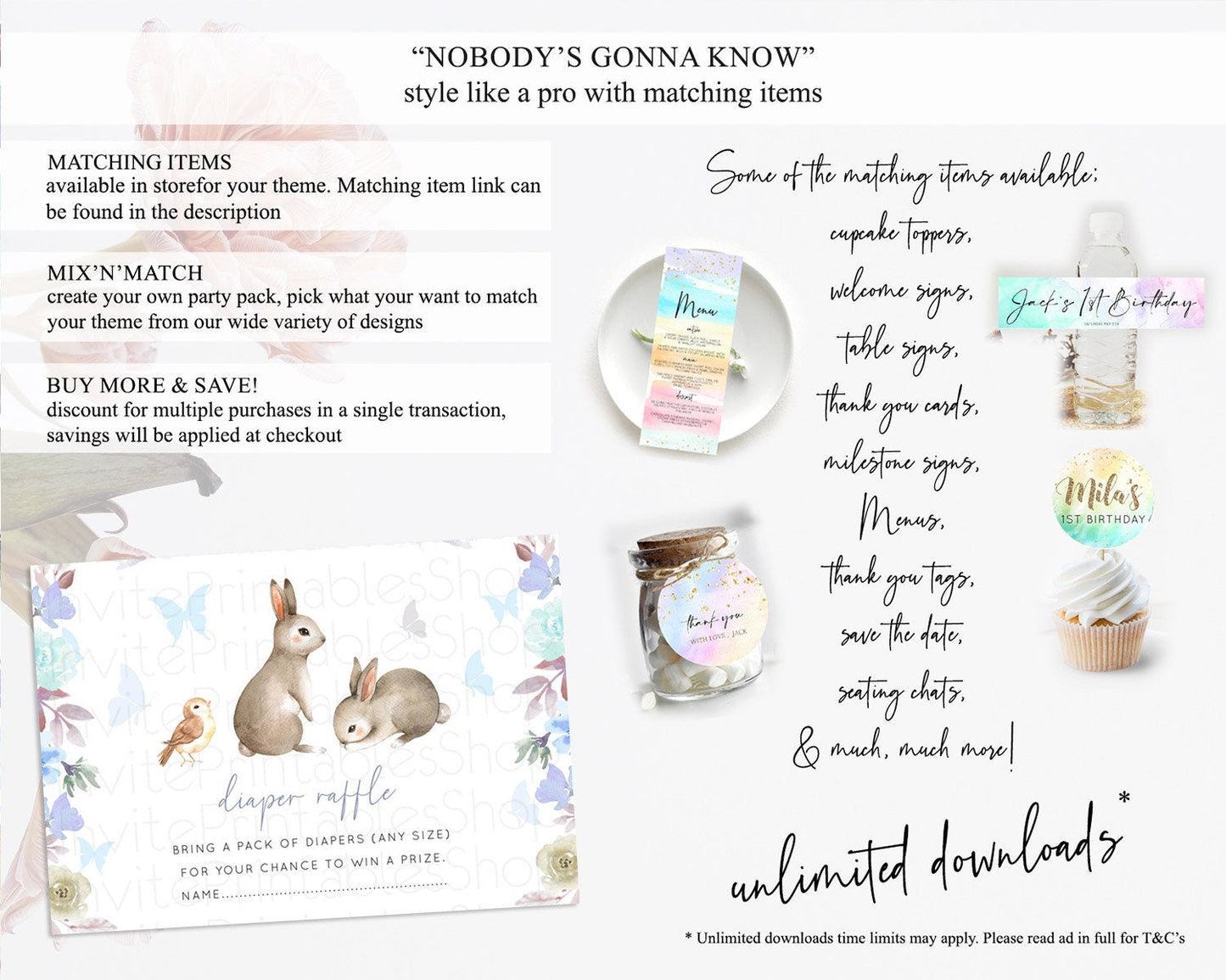 Bunny Diaper Raffle Card Floral Bunny Diaper Raffle Insert Pastel Flowers Woodland Bunny Diaper Ticket Forest Bunny Raffle Game D10927