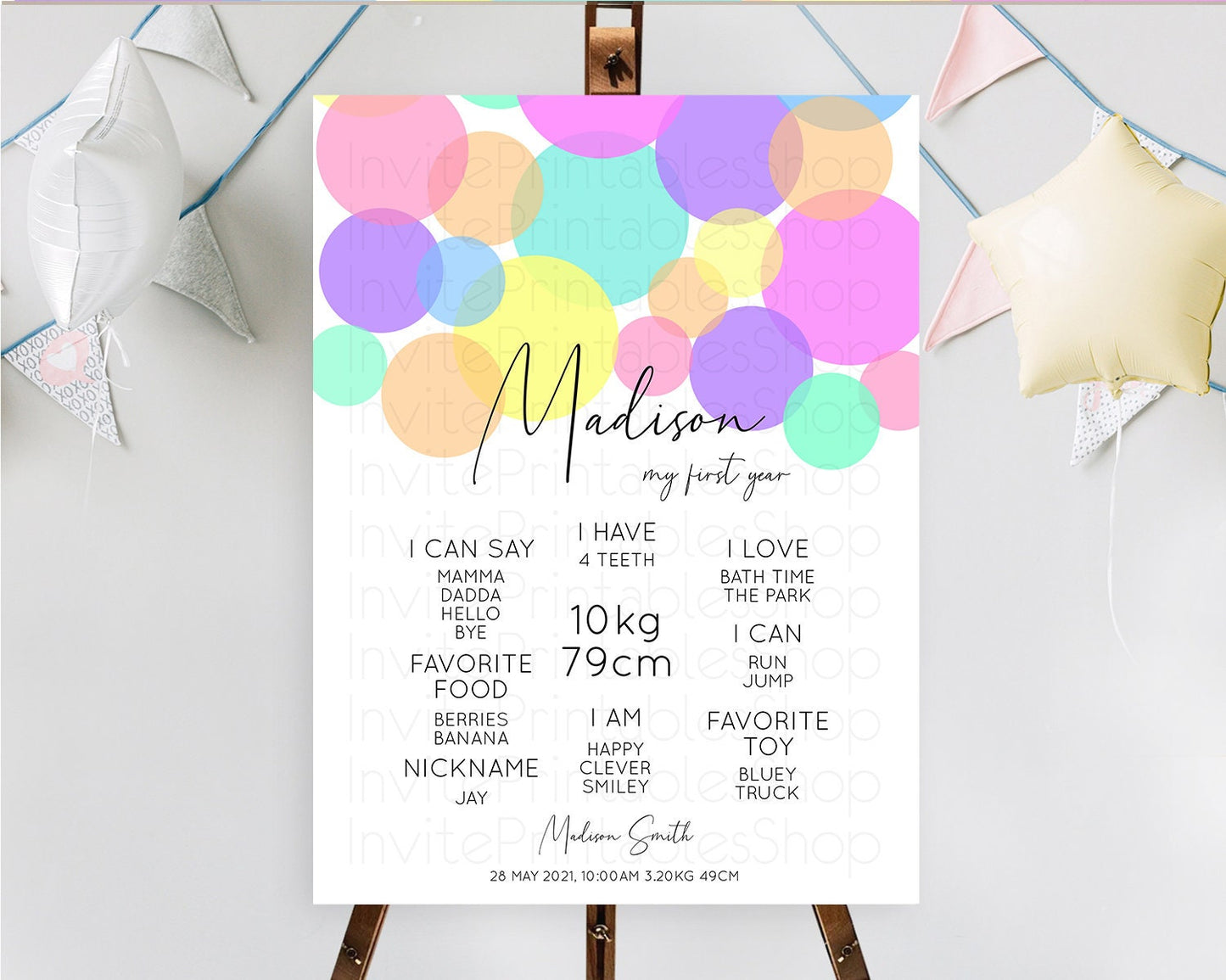Editable Pastel First Birthday Milestone Poster Pastel Rainbow Confetti Firs