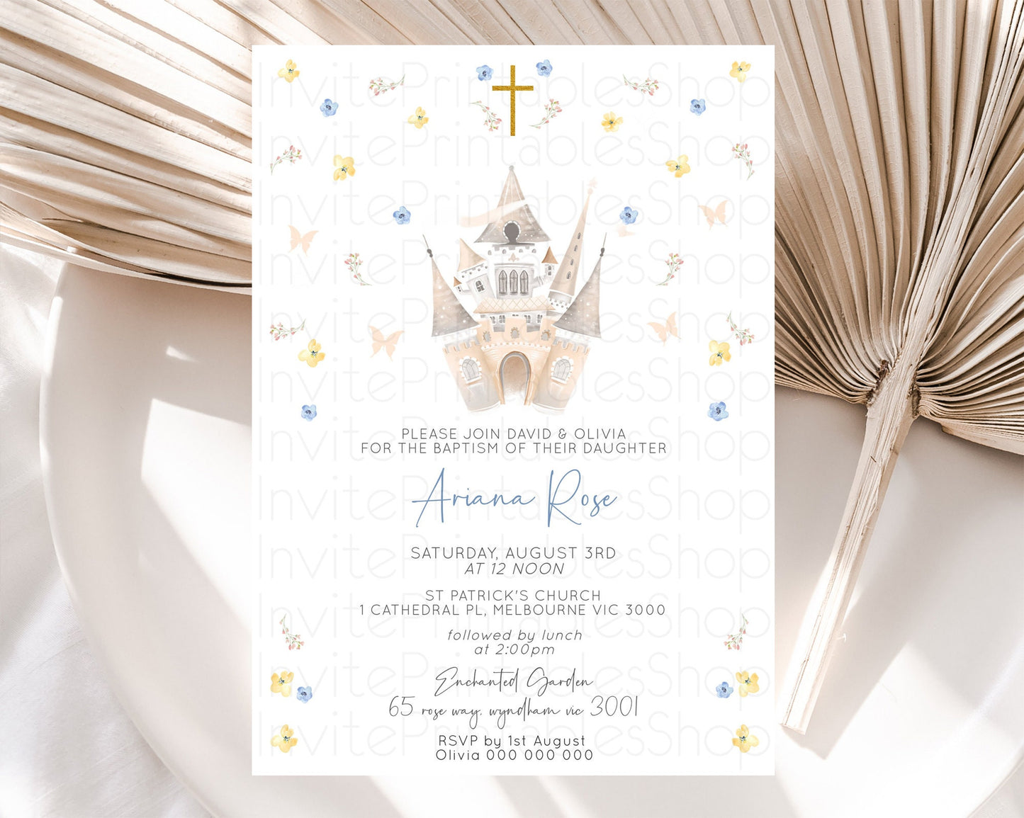 Princess Baptism Invitation Enchanted Castle Baptism 1st Birthday Invitation Royal Party Pastel Floral Secret Garden Christening D10365