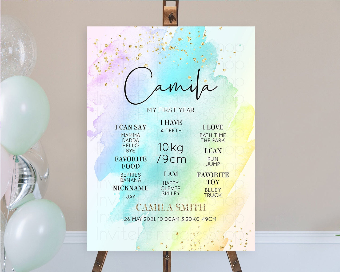 Pastel First Birthday Milestone Board Pastel Rainbow Milestone Poster Colorful Confetti Watercolor Glitter 1st Birthday Welcome Sign D10171
