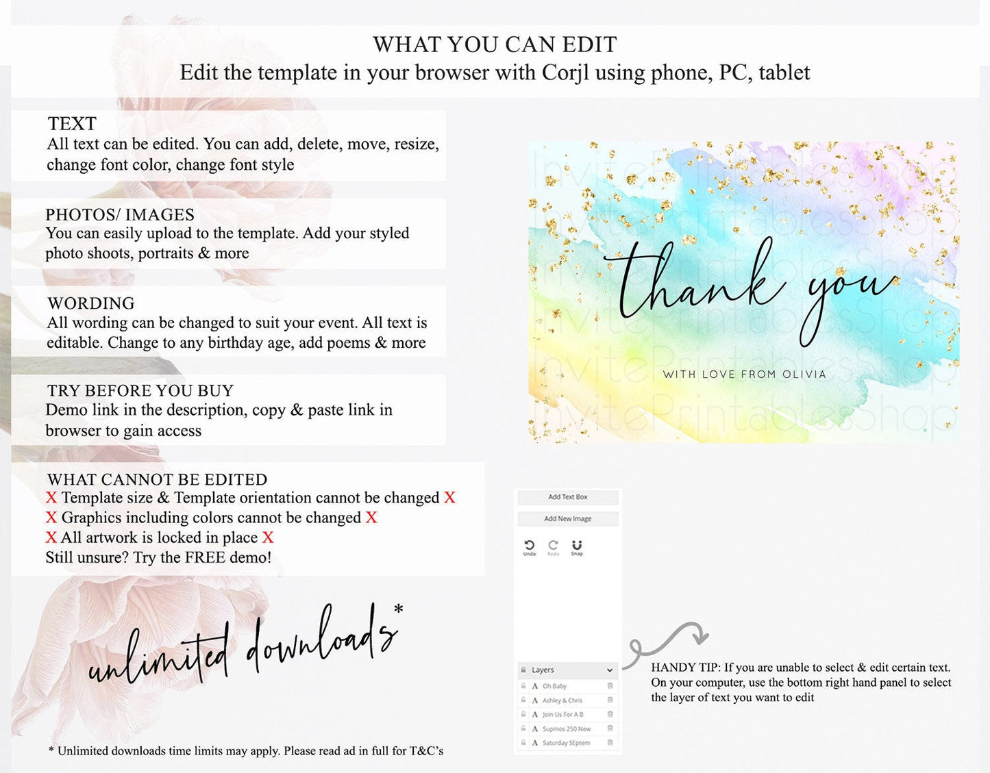 Pastel Thank You Rainbow Thank You Card Colorful Pastel Birthday Thank You Card Confetti Watercolor Pastel Teacher Thank You Cards D10773