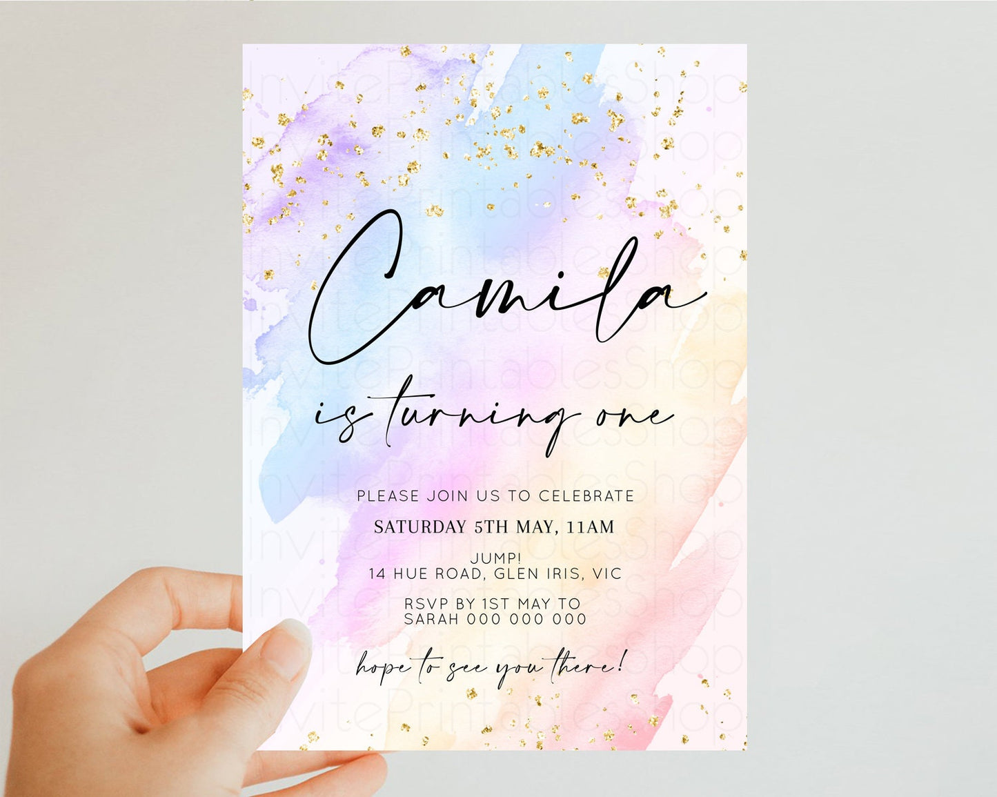 Rainbow Birthday Invitation Glitter Pastel Invitation Colorful Watercolor Gold Foil Splatter Sprinkle Ombre 1st 2nd 3rd Birthday Invite t600