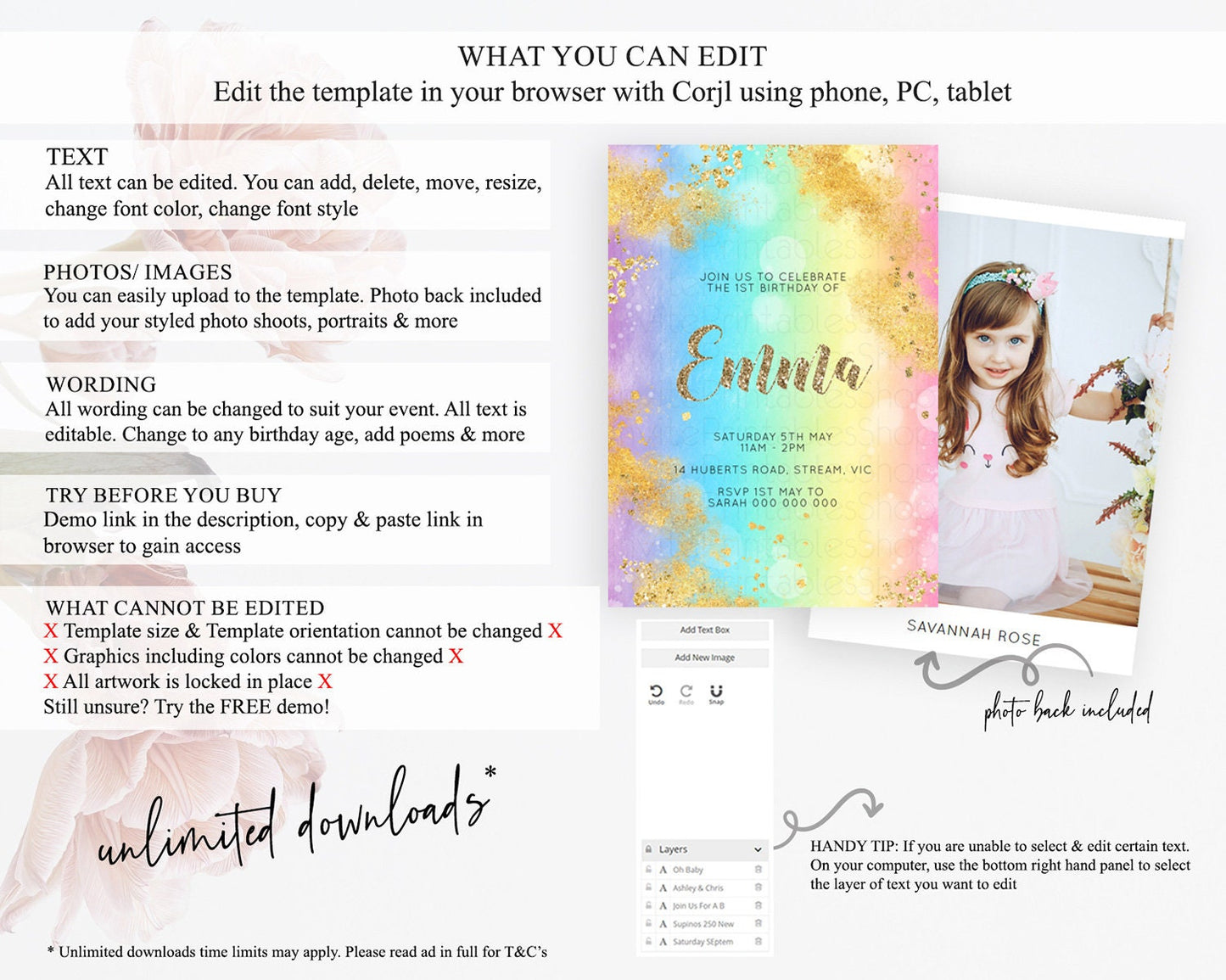 Rainbow Birthday Invitation Colorful Pastel Watercolor Invitation Gold Glitter Sprinkles Ombre Pastel 1st 2nd 3rd Birthday D10561
