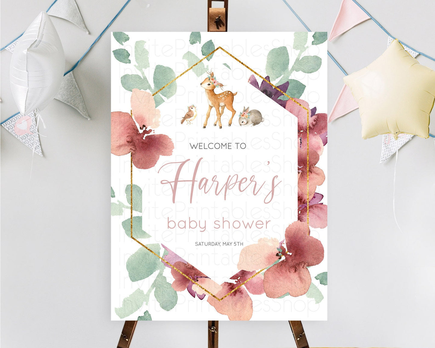 Fawn Baby Shower Welcome Sign Deer Welcome Board Floral Deer Welcome Poster Enchanted Forest Butterfly Pastel Floral Welcome Sign D10913