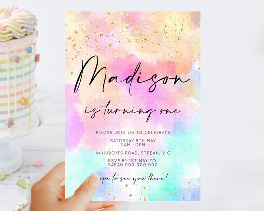 Rainbow Birthday Invitation Colorful Pastel Watercolor Invitation Gold Glitter Sprinkles Ombre Pastel 1st 2nd 3rd Birthday D10667